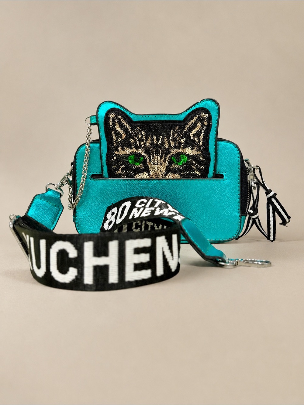 KUCHEN & BAG 1980 Metallic Teal “Camera” Crossbody Bag w/ Sequined Cat Coin Bag